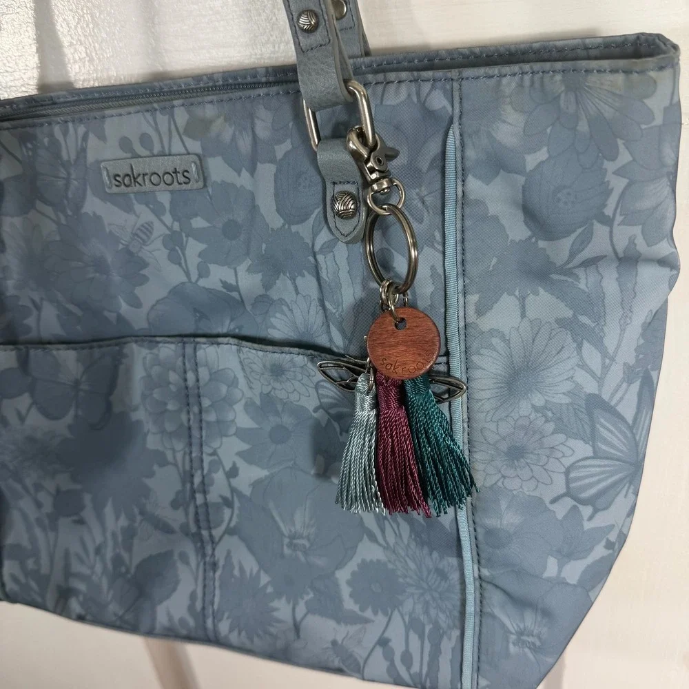Sakroots Tote Bag Blue Floral Butterfly Bee Print‎ Shoulder Bag